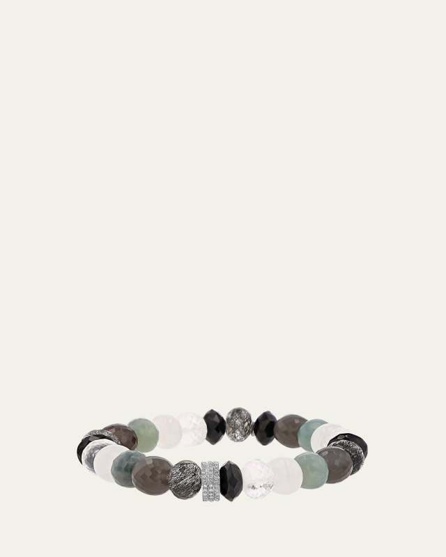 Grey Mix 10mm Bead Bracelet with 3 Pave Diamond Rondelles